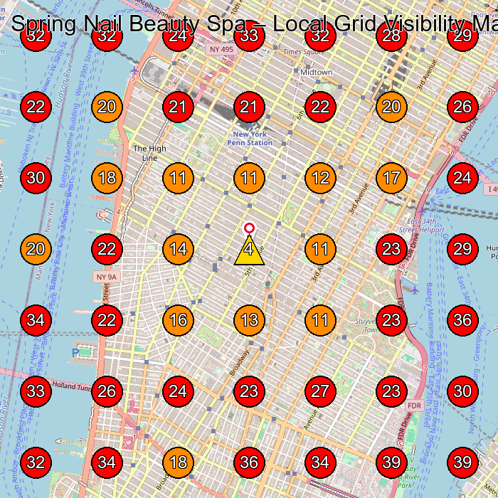 Spring Nail Beauty Spa GeoGrid visibility map for Nail Salon in New York